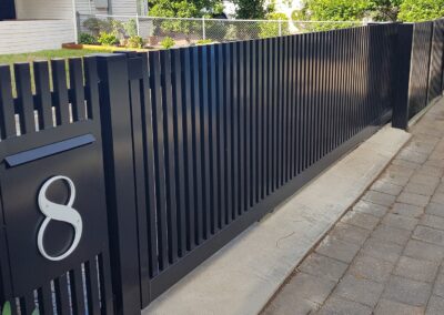 Tusmore Design gates with custom letterbox face plate in Satin Black